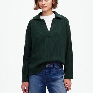 NWT Madewell Relaxed Long-Sleeve Polo Tee in Hthr Obsidian